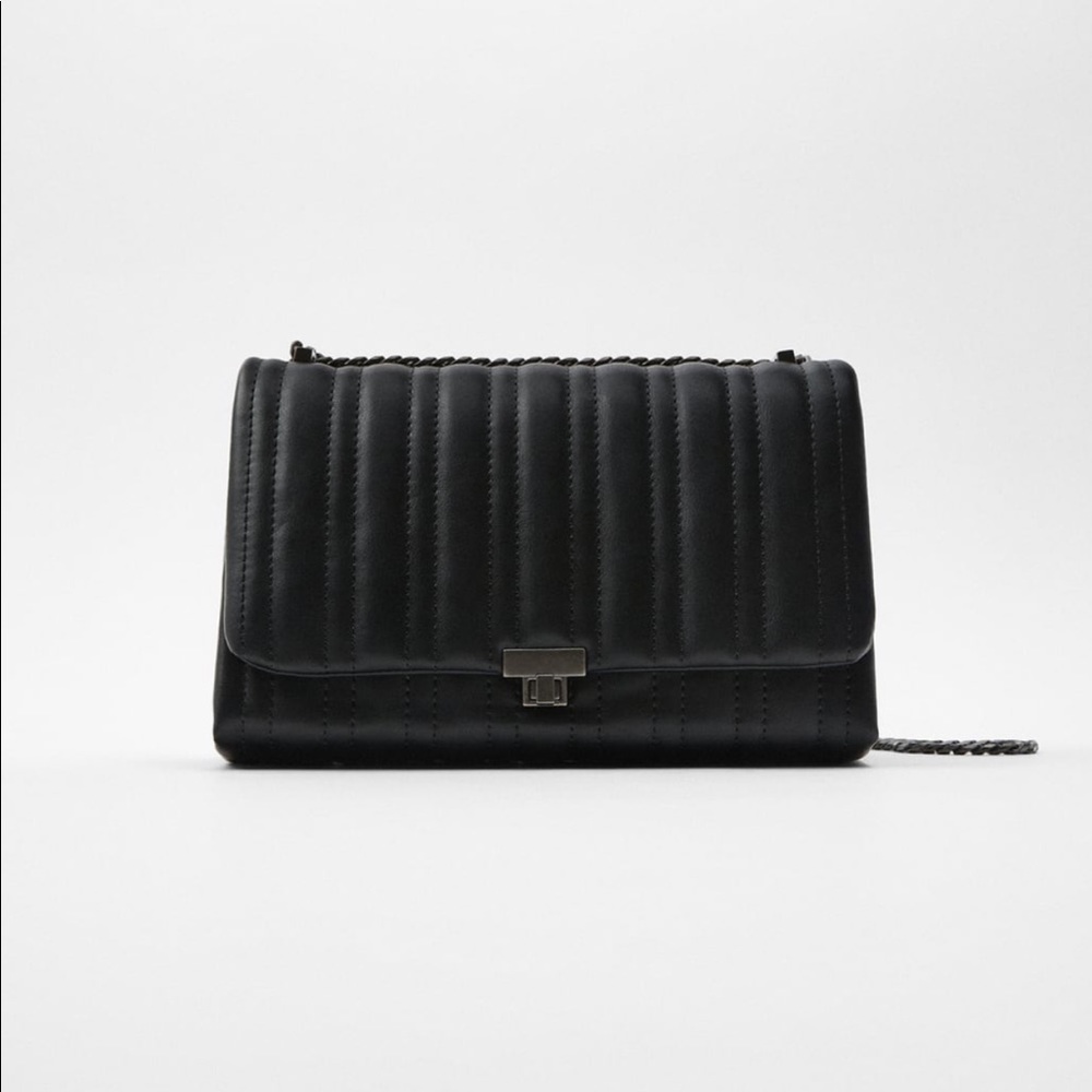 Zara Black Leather Medium Quilted Crossbody Bag